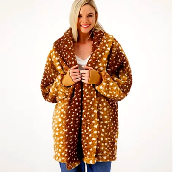 FALL FASHION BumbleBella Caramel Snow Leopard Snuggly XL 1X Jacket Thumb holes! - Picture 1 of 11